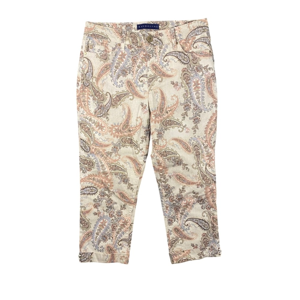 Bandolino Mandie Capri Pants Womens 6 Tan Pink Paisley Print Lace Up Hem Crop
